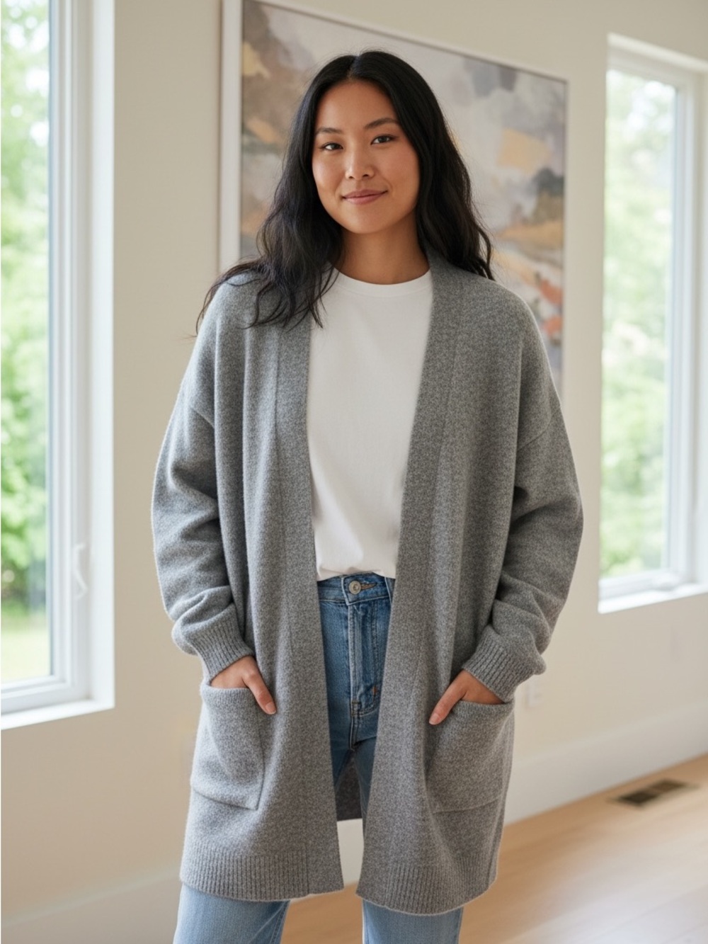 QUINCE GREY SUPERFINE WOOL AND YAK LONG  CARDIGAN SWEATER SZ LARGE